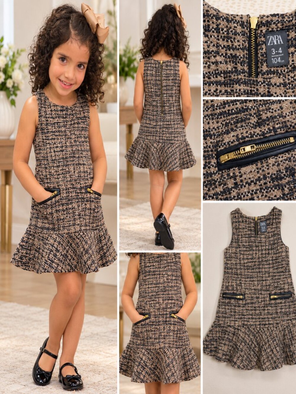 Zara Girls Tweed Ruffle Hem Dress Size 3-4